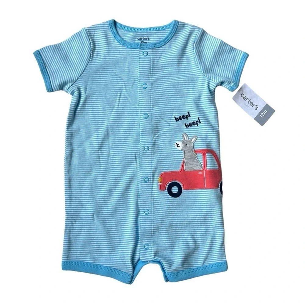 NWT Carter's Baby Boy Blue Stripe Beep Car Snap Shorts One Piece 12 Months 12M